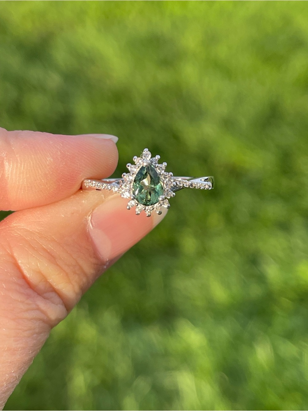 Natural Green Apatite and White Zircon Ring